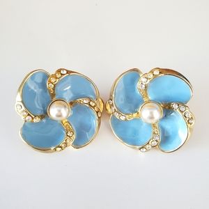 Earring - Vintage Clip On Earrings - Lisa Kao Creations - Gold Colour with Blue